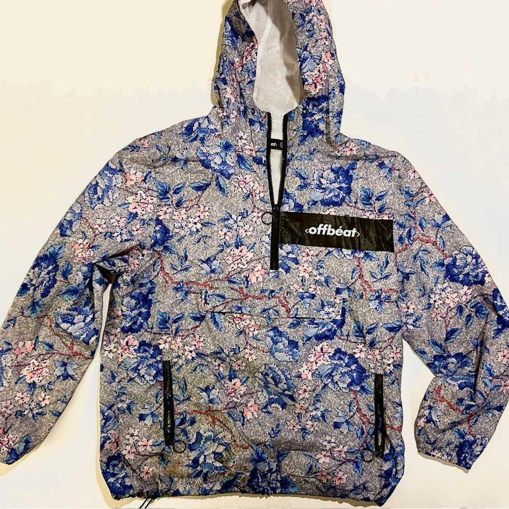 Offbeat Half-Zip Pixelated Floral Windbreaker Rain Jacket w/ Kangaroo Pocket